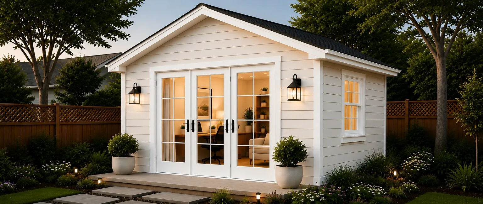 Traditional backyard studio with gabled roof, white French doors and mature planting at dusk