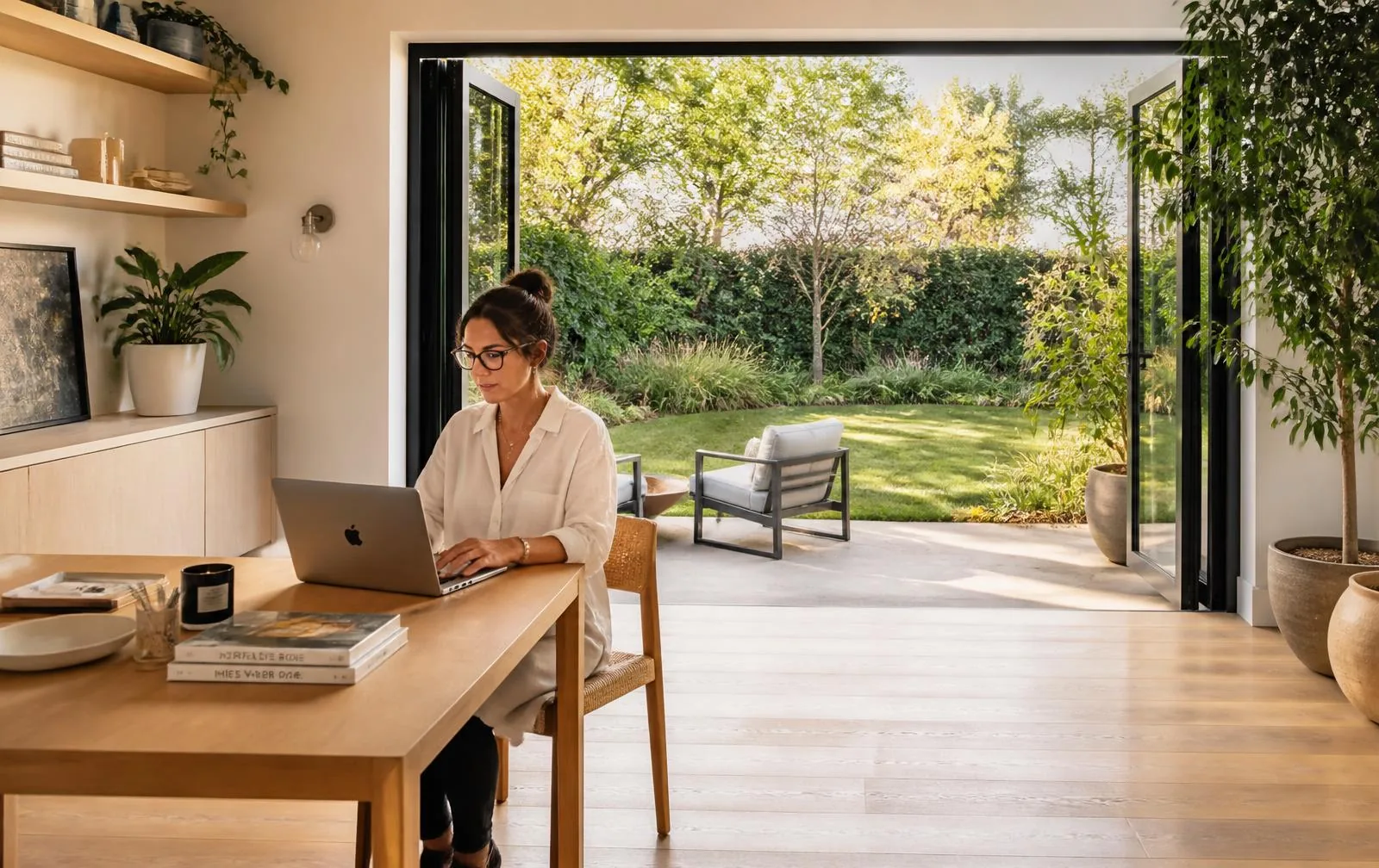 Woman working in a bright backyard studio home office opening onto a garden