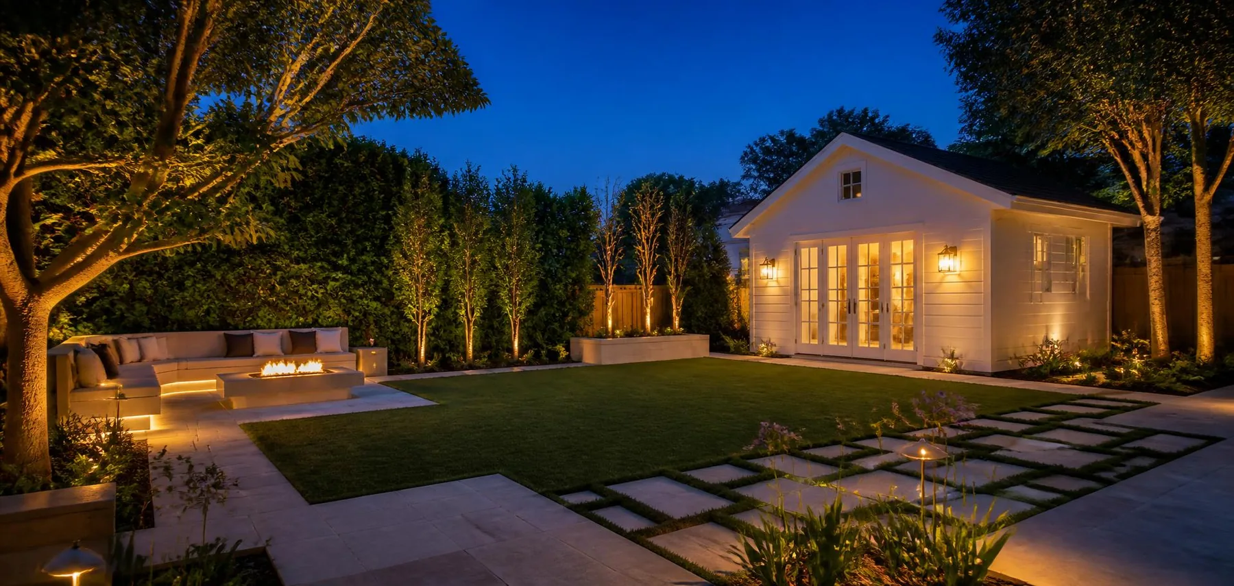 Complete backyard transformation with studio, patio, fire feature and lighting