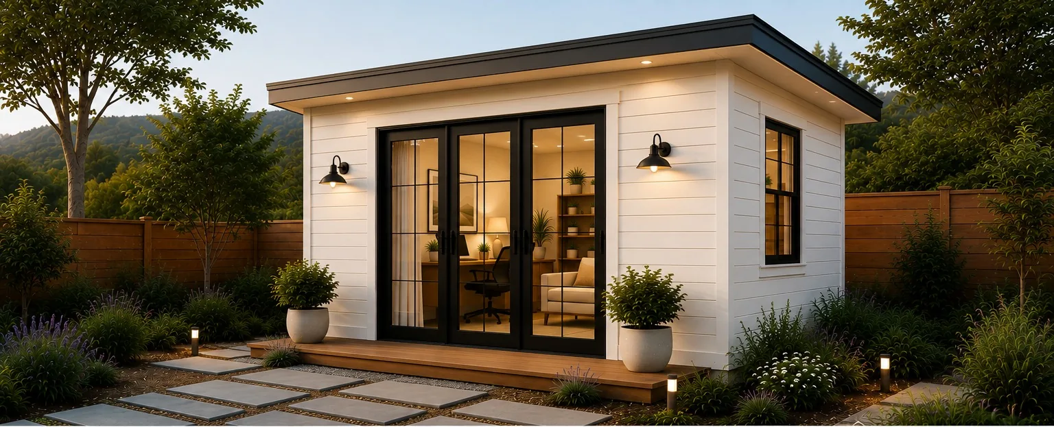 California backyard studio with white siding, black French doors and landscaped garden at dusk