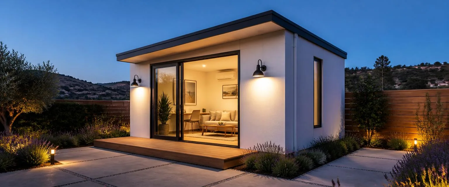 Modern backyard studio with flat roof and full-height glass doors at dusk