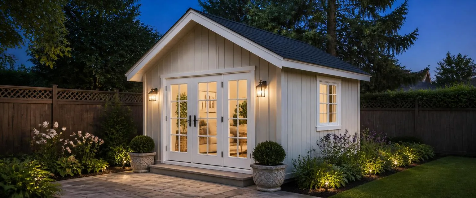 Traditional backyard studio with vertical siding