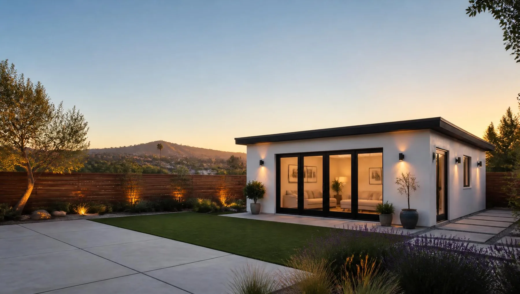 Backyard studio in a landscaped Bay Area backyard at golden hour