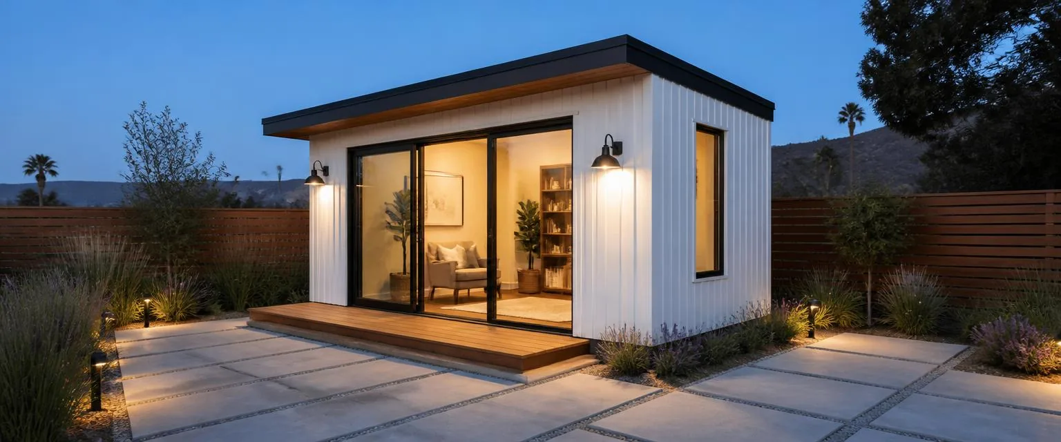 Modern backyard studio with vertical siding