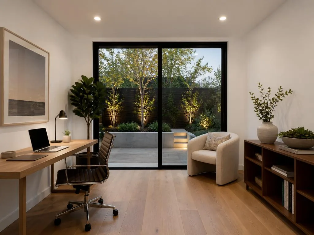 Backyard studio arranged as a quiet home office