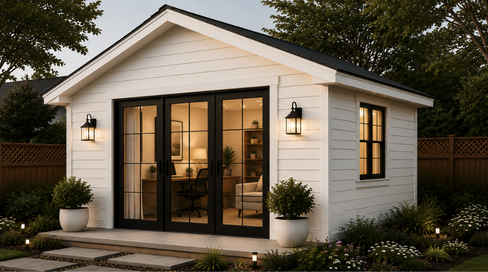 Backyard studio with black French doors and lantern lighting at dusk