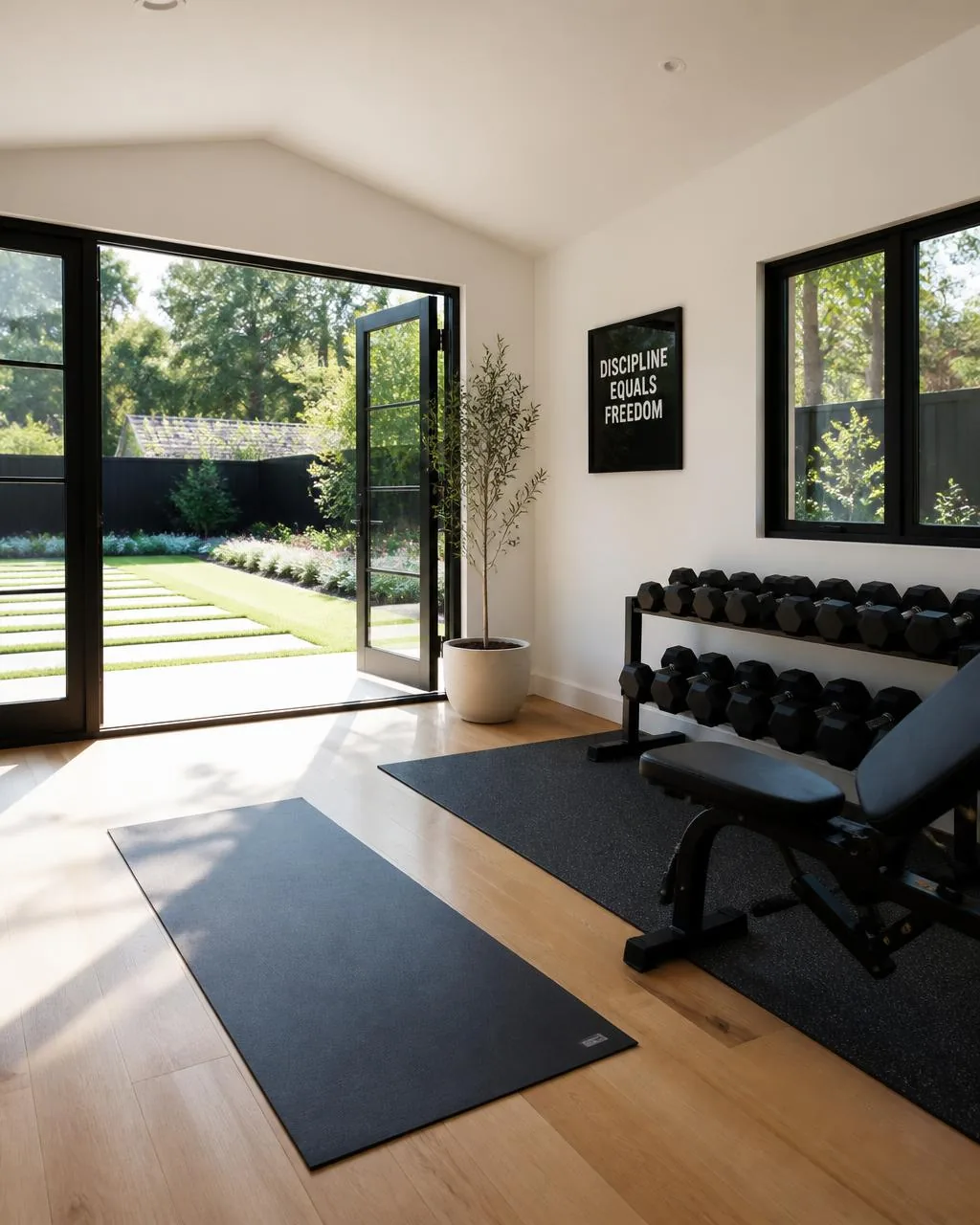 Backyard studio arranged as a private fitness studio