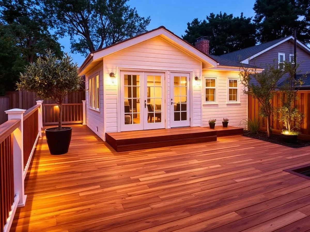 Backyard studio beside a finished deck