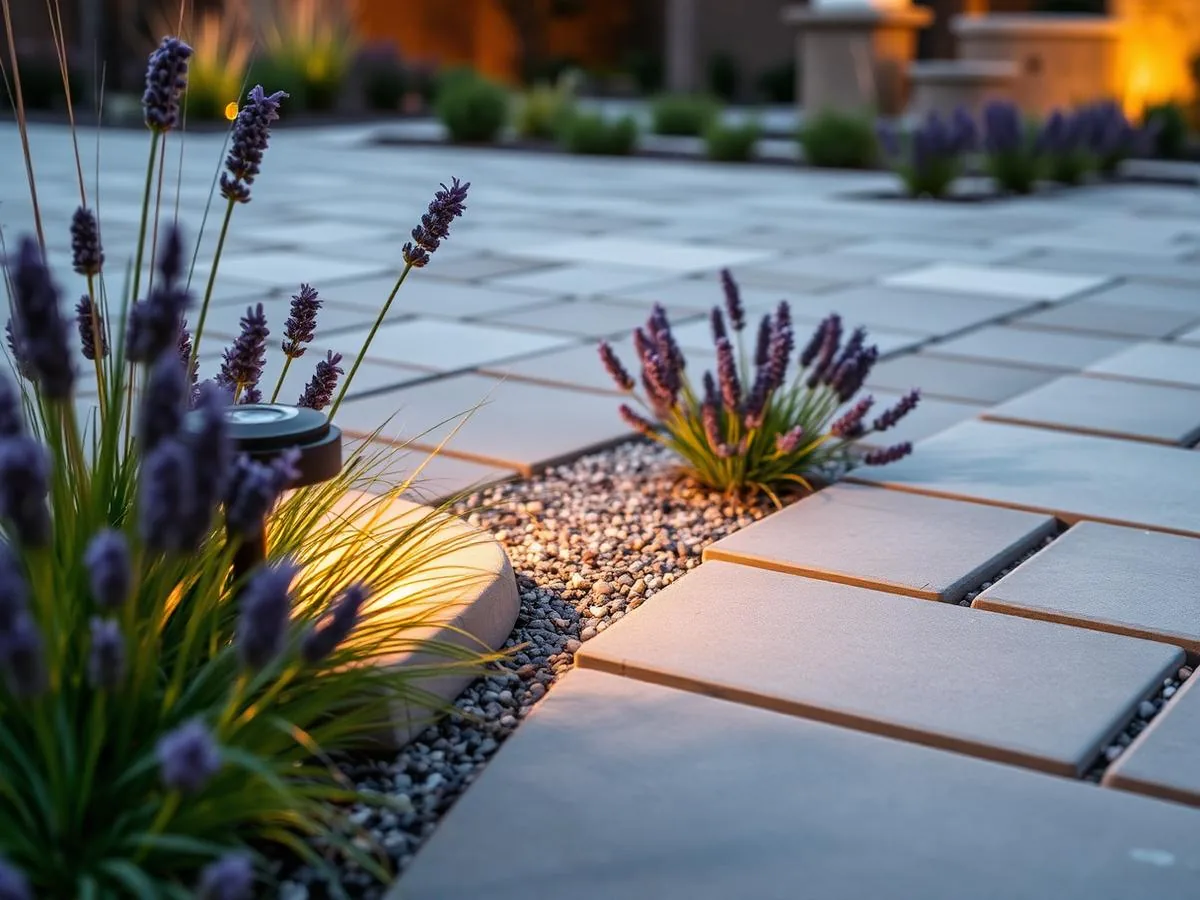 Paver walkway and landscape lighting detail in a finished backyard