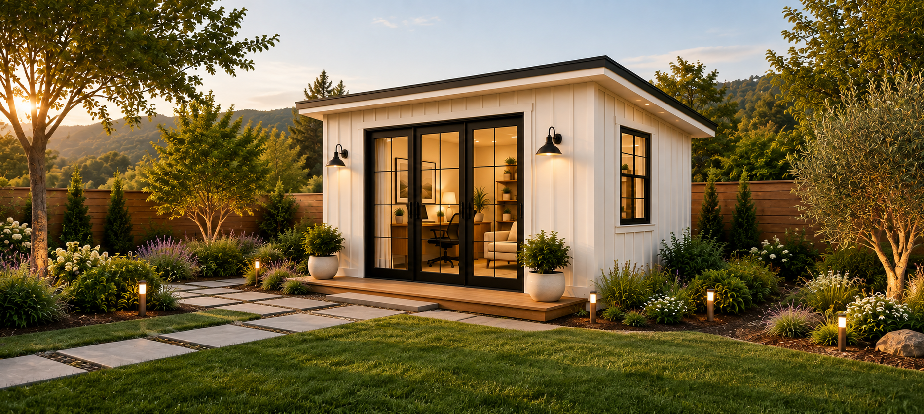 White backyard studio with black French doors, paver walkway, landscape lighting and new planting at dusk